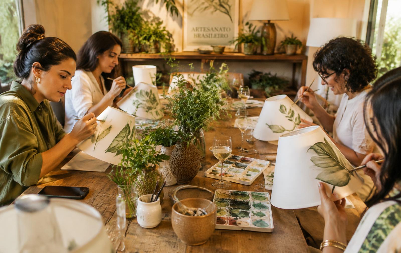 Mulheres pintando cúpulas de abajur em aquarela